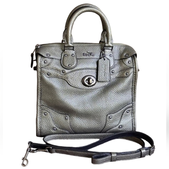 Coach bag metallic grean pebble leather mini Phyder Satchel adjustable strap - Picture 1 of 7